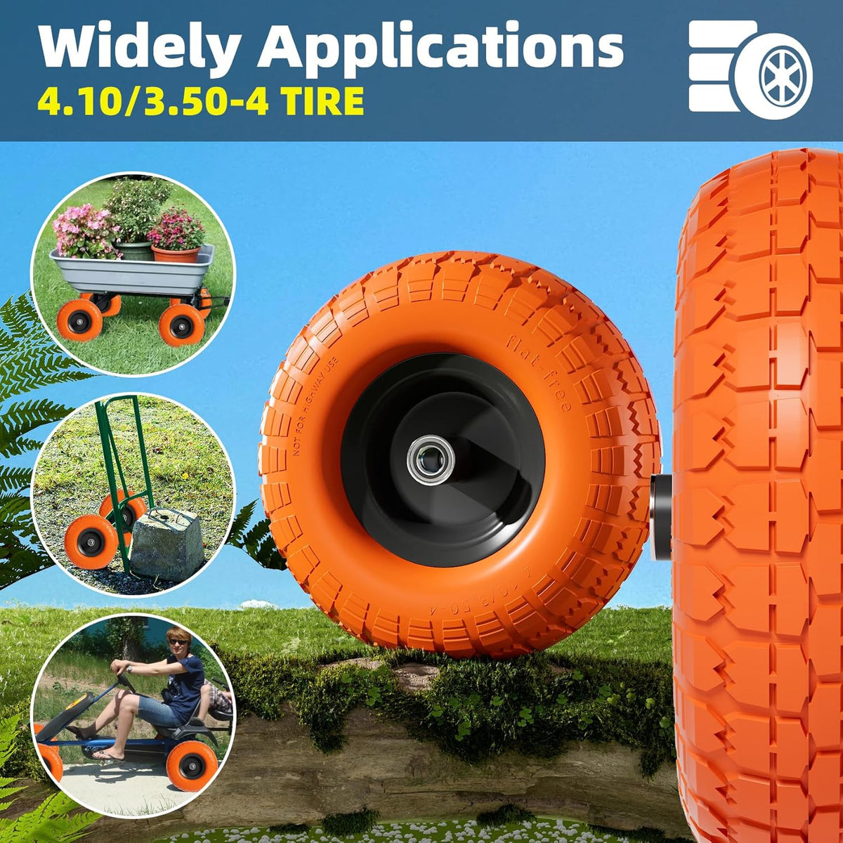 Upgraded 4.10/3.50-4 Flat Free Tires and Wheels - 10 Inch, Set of 4 with 5/8” Axle Bore and Double Sealed Bearings for Dollies, Hand Trucks, and Dump Carts
