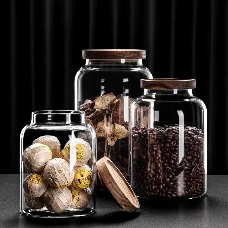 Coffee Bean Glass Storage Jar with Wooden Lid - Large Capacity Sealed Organizer for Kitchen Containers