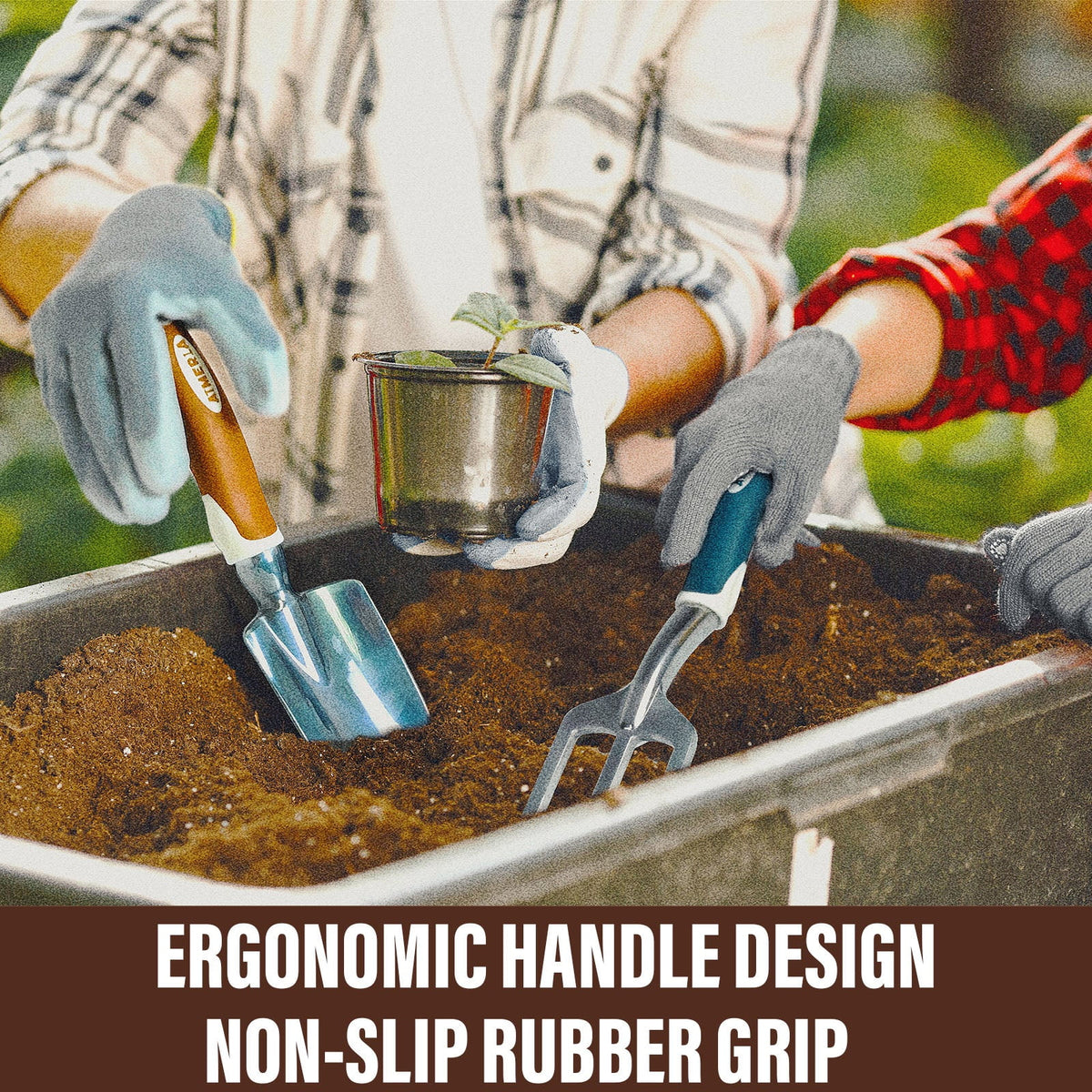 Heavy-Duty Gardening Tools Set - 9 Durable Hand Tools with Non-Slip Rubber Grip and Large Garden Bag for Weeding and Gardening Gifts for All Ages