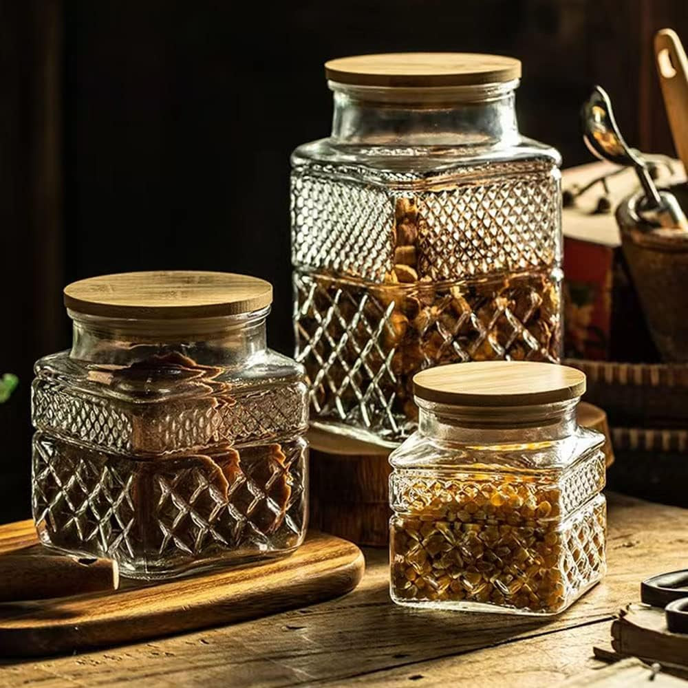 3-Piece Vintage Embossed Glass Canister Set with Bamboo Lids - 60 Oz, 40 Oz, and 20 Oz for Kitchen and Pantry Organization