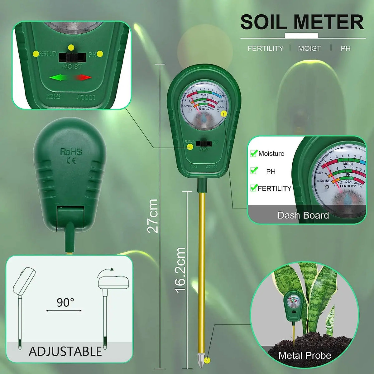 3-in-1 Soil Testing Kit: Moisture Meter, pH Tester, and Fertility Analyzer for Gardens and Indoor Plants