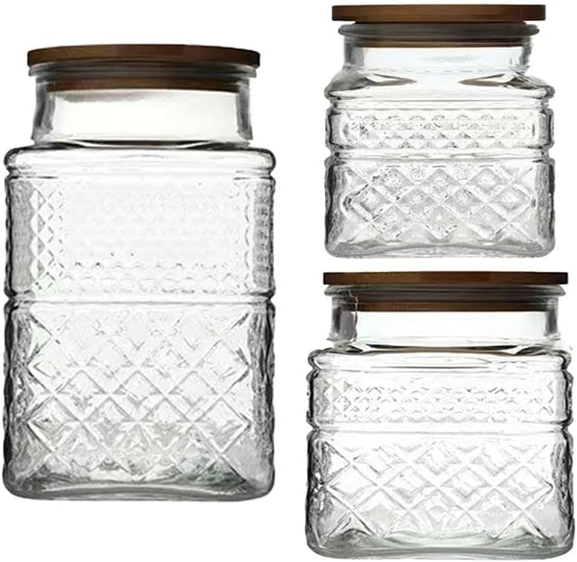 3-Piece Vintage Embossed Glass Canister Set with Bamboo Lids - 60 Oz, 40 Oz, and 20 Oz for Kitchen and Pantry Organization