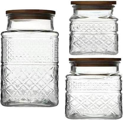 3-Piece Vintage Embossed Glass Canister Set with Bamboo Lids - 60 Oz, 40 Oz, and 20 Oz for Kitchen and Pantry Organization