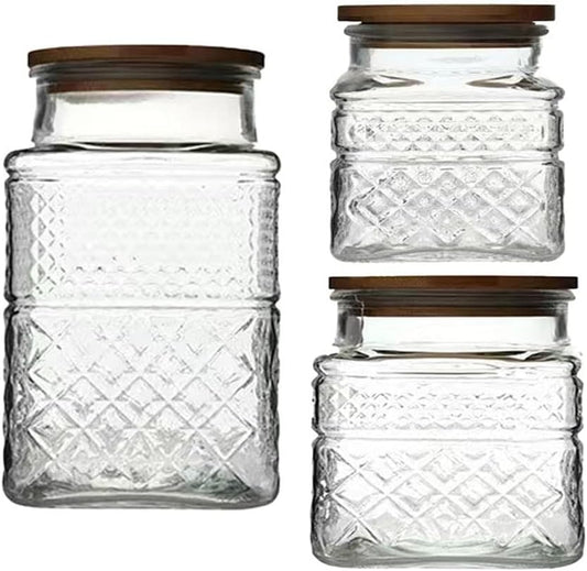 3-Piece Vintage Embossed Glass Canister Set with Bamboo Lids - 60 Oz, 40 Oz, and 20 Oz for Kitchen and Pantry Organization