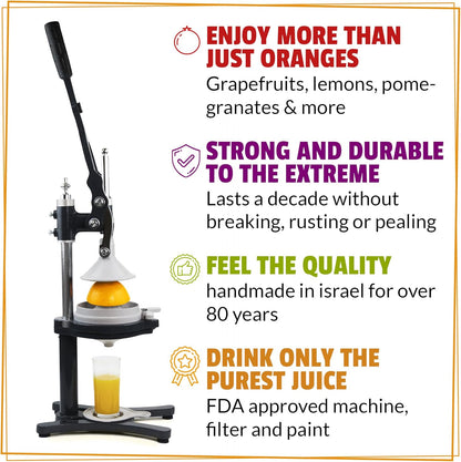 Professional XXL Citrus Juicer - Manual Presser for Fresh Orange, Lime, Lemon, Grapefruit & Pomegranate Juice - Enameled Iron Design
