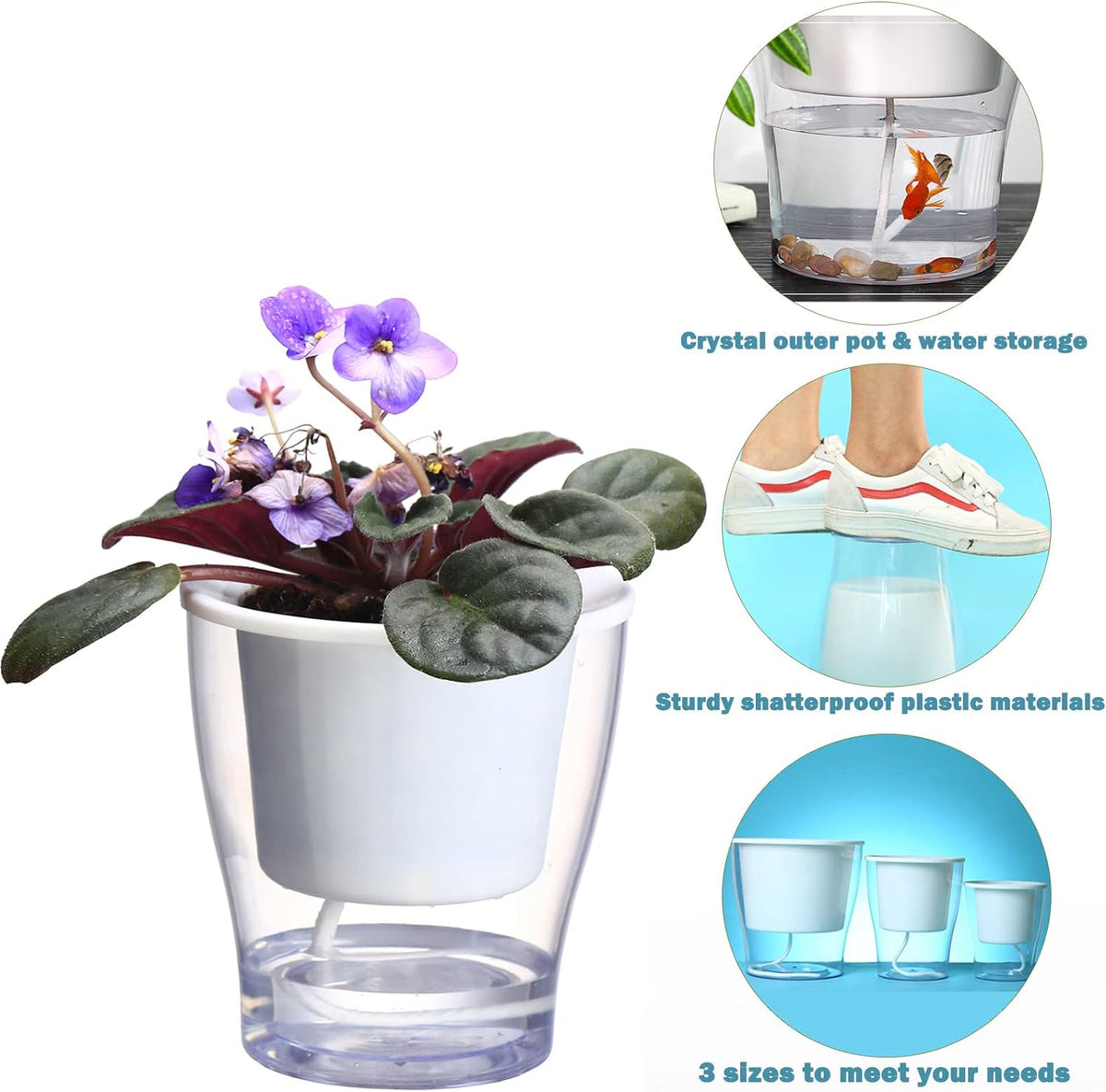 Set of 3 Large 7-Inch Clear Self-Watering Planters for Indoor Plants, Herbs, and Orchids - Perfect for African Violets and Ocean Spider Plants