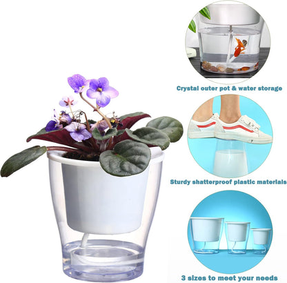 Set of 3 Large 7-Inch Clear Self-Watering Planters for Indoor Plants, Herbs, and Orchids - Perfect for African Violets and Ocean Spider Plants