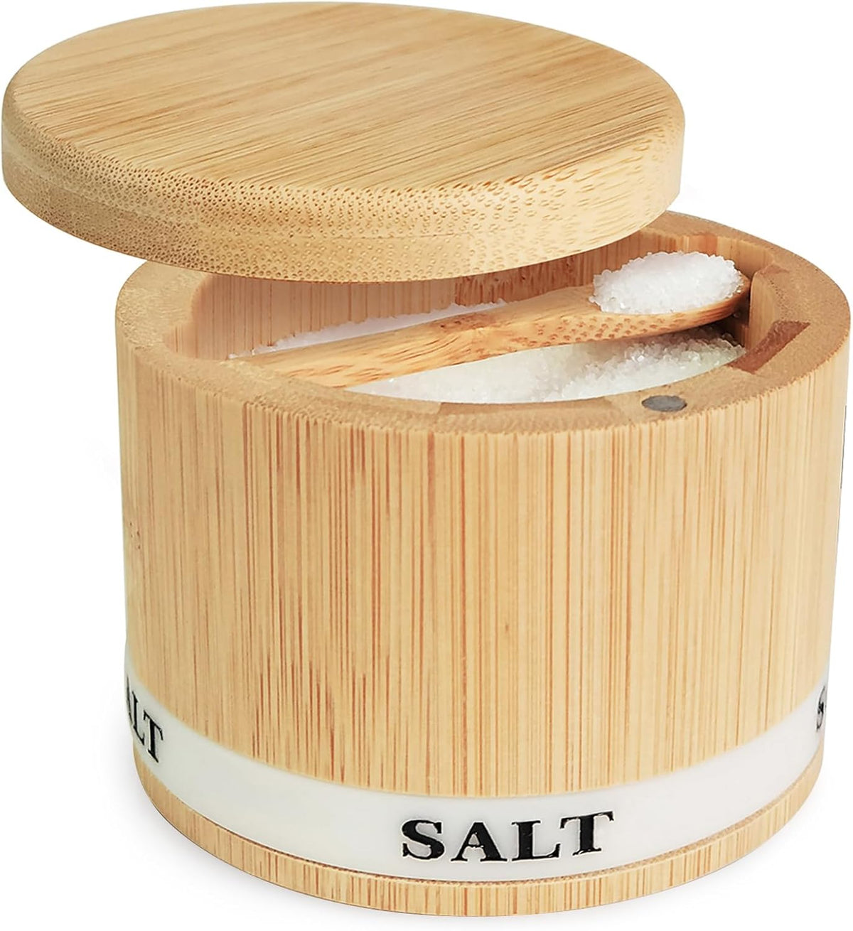 Bamboo Wood Salt Cellar with Magnetic Swivel Lid and Engraved Label | 8oz Kitchen Container for Sea Salt, Pepper, and Spices with Built-In Spoon
