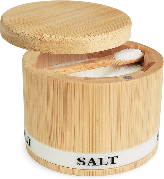 Bamboo Wood Salt Cellar with Magnetic Swivel Lid and Engraved Label | 8oz Kitchen Container for Sea Salt, Pepper, and Spices with Built-In Spoon