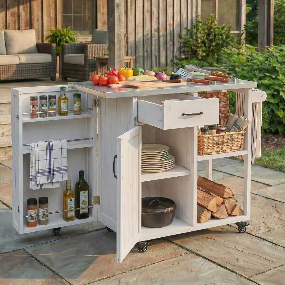 40.5-Inch Outdoor Kitchen Island Prep Station with Lockable Grill Cart, Stainless Steel Surface, and Storage Racks in White Finish