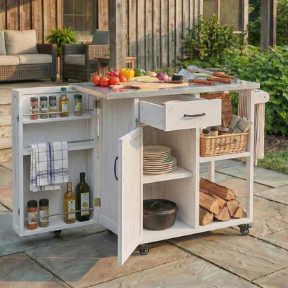40.5-Inch Outdoor Kitchen Island Prep Station with Lockable Grill Cart, Stainless Steel Surface, and Storage Racks in White Finish