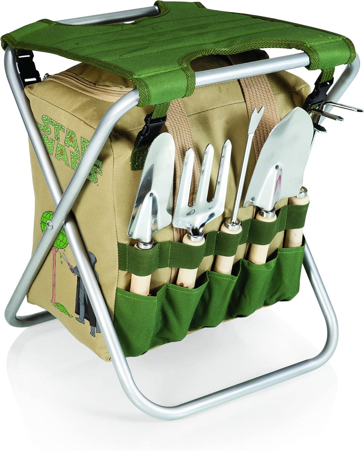Darth Vader Folding Garden Stool with Detachable Tool Tote and Organizer - Portable Gardening Chair in Olive Green with Beige Accents