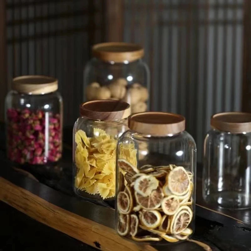 Coffee Bean Glass Storage Jar with Wooden Lid - Large Capacity Sealed Organizer for Kitchen Containers