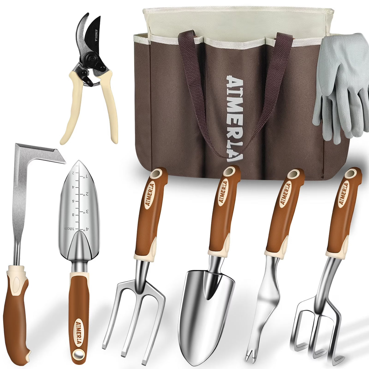Heavy-Duty Gardening Tools Set - 9 Durable Hand Tools with Non-Slip Rubber Grip and Large Garden Bag for Weeding and Gardening Gifts for All Ages