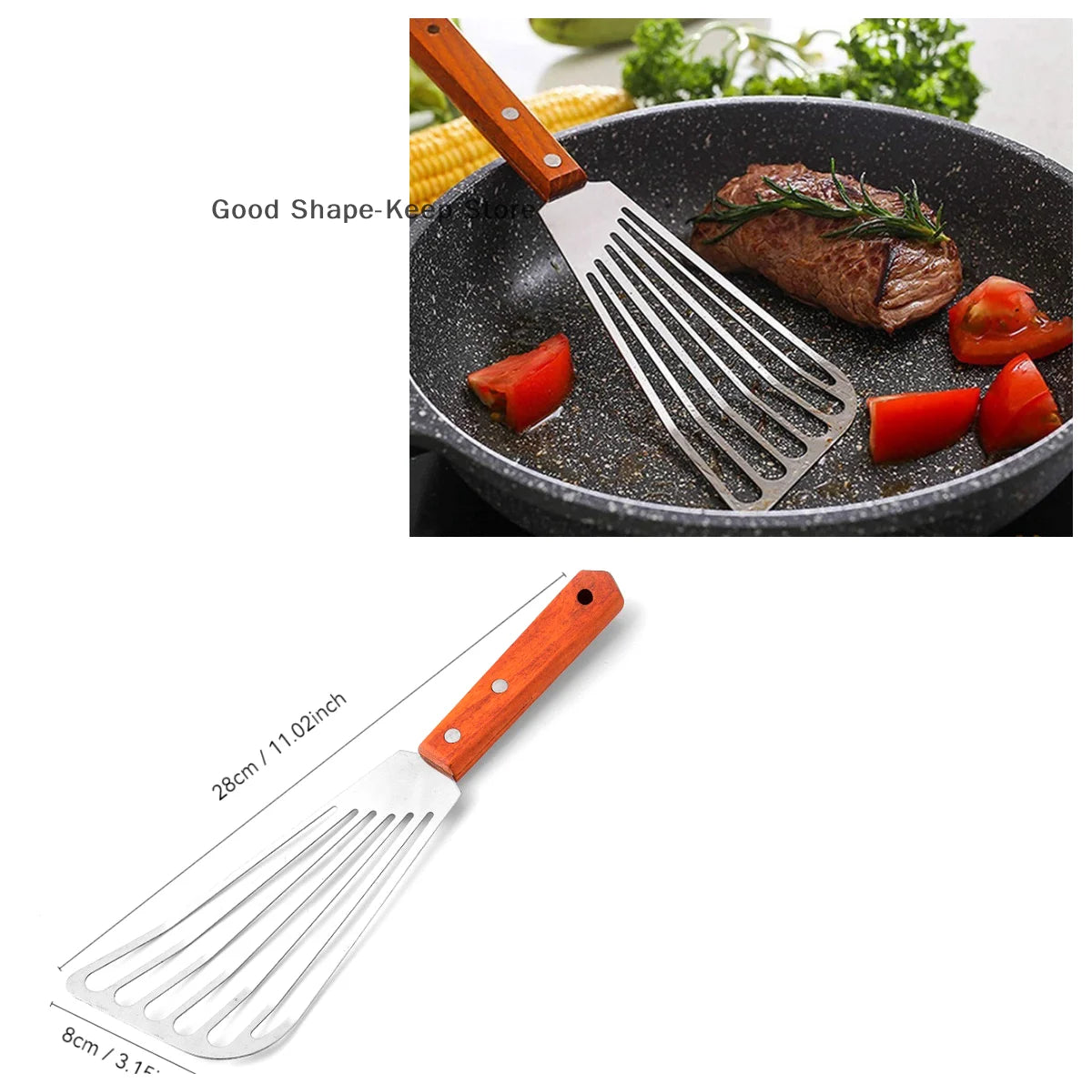 Stainless Steel Fish Frying Spatula with Wooden Handle - High-Temperature Fan-Shaped Cooking Tool