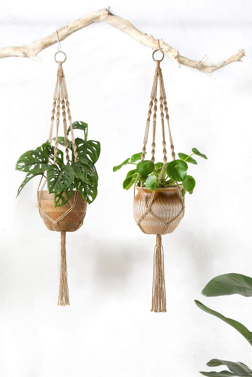 Set of 2 Decorative Jute Rope Macrame Plant Hangers - 40-Inch Indoor/Outdoor Planter Holders with Four Legs, Brown