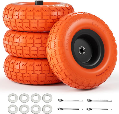 Upgraded 4.10/3.50-4 Flat Free Tires and Wheels - 10 Inch, Set of 4 with 5/8” Axle Bore and Double Sealed Bearings for Dollies, Hand Trucks, and Dump Carts