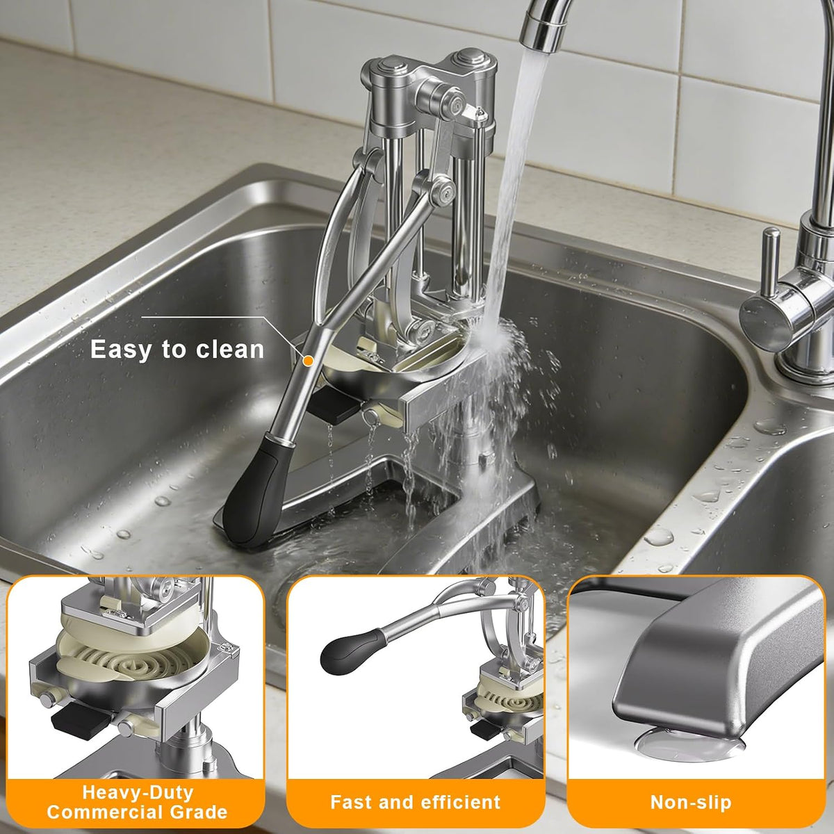 2-In-1 Commercial Manual Juicer & French Fry Cutter, Heavy Duty Cast Aluminum Citrus Press and Vegetable Chopper with 1/4", 3/8" & 1/2" Stainless Steel Blades for Potato, Orange & Lemon