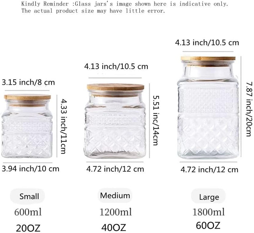 3-Piece Vintage Embossed Glass Canister Set with Bamboo Lids - 60 Oz, 40 Oz, and 20 Oz for Kitchen and Pantry Organization