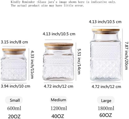 3-Piece Vintage Embossed Glass Canister Set with Bamboo Lids - 60 Oz, 40 Oz, and 20 Oz for Kitchen and Pantry Organization