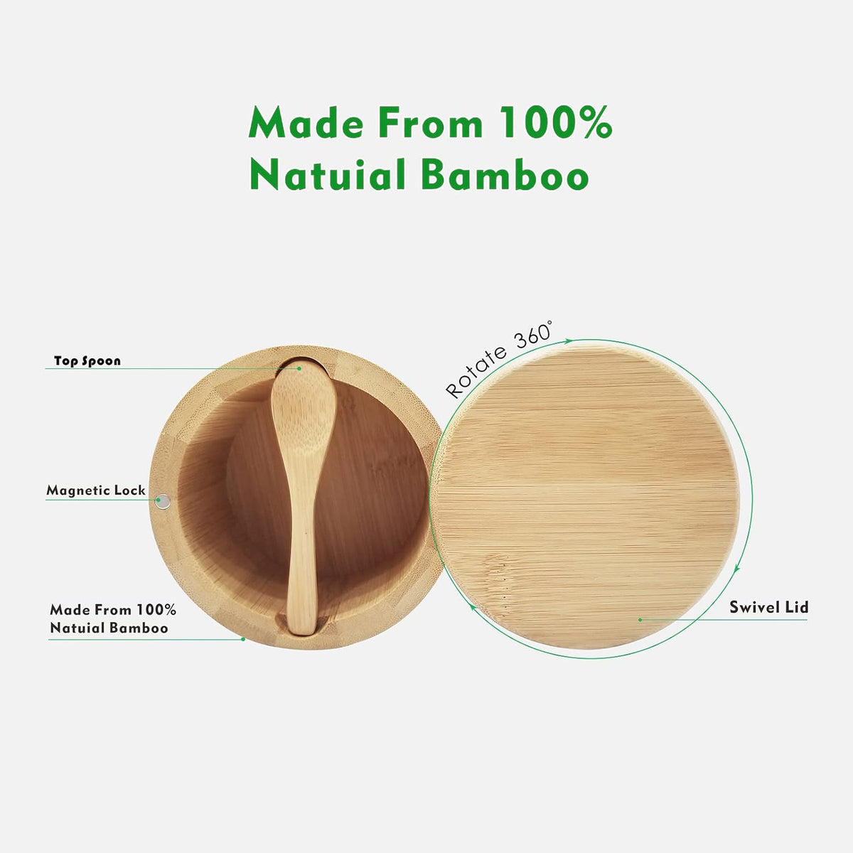 Bamboo Wood Salt Cellar with Magnetic Swivel Lid and Engraved Label | 8oz Kitchen Container for Sea Salt, Pepper, and Spices with Built-In Spoon