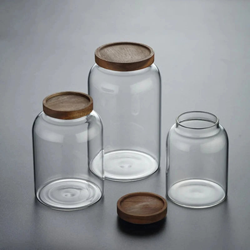Coffee Bean Glass Storage Jar with Wooden Lid - Large Capacity Sealed Organizer for Kitchen Containers