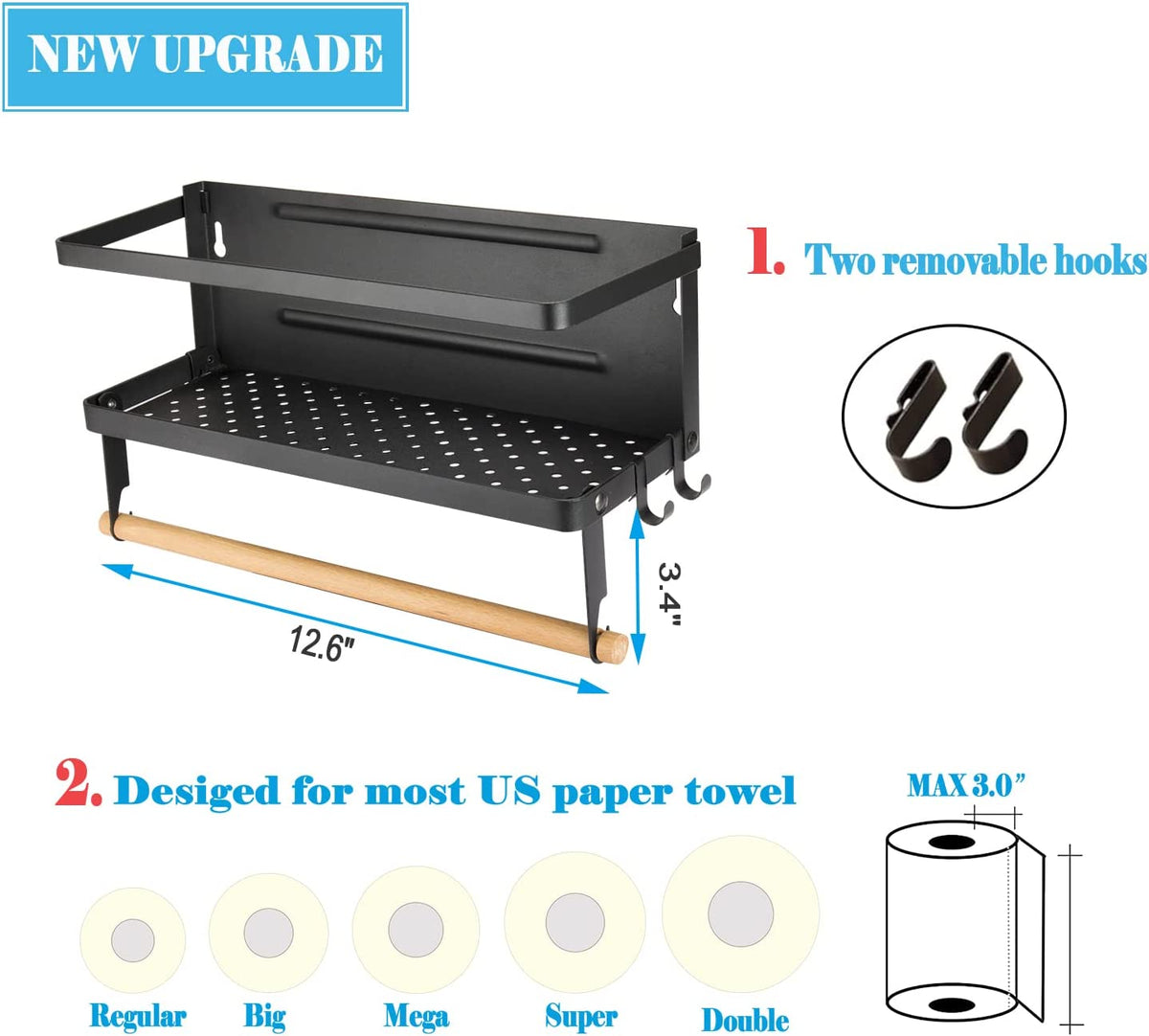 Magnetic Paper Towel Holder and 2-in-1 Spice Rack with Hooks, Wall-Mounted Shelf for Refrigerator (Black)