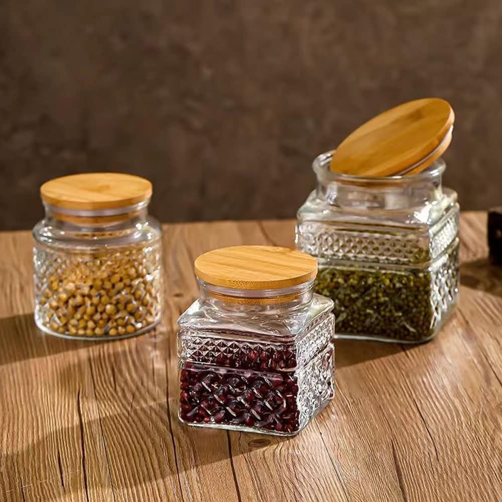 3-Piece Vintage Embossed Glass Canister Set with Bamboo Lids - 60 Oz, 40 Oz, and 20 Oz for Kitchen and Pantry Organization