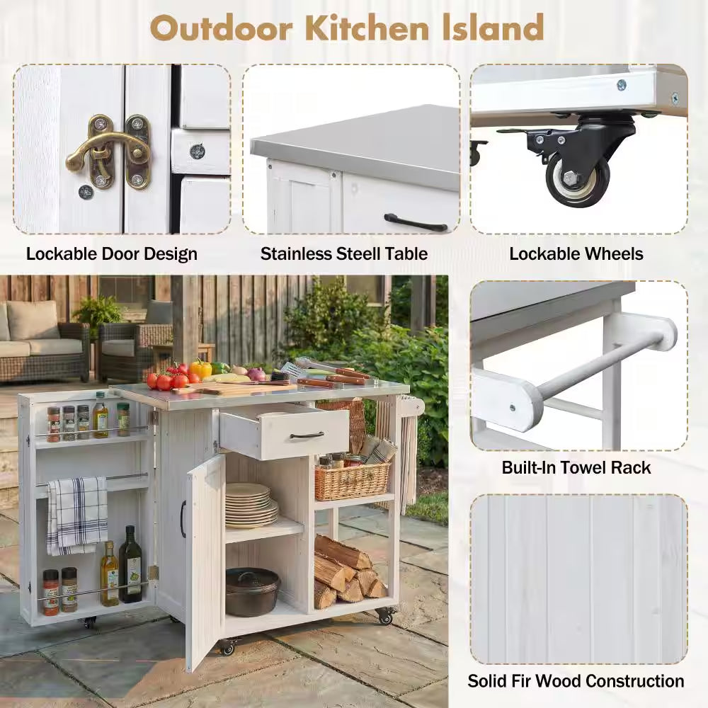 40.5-Inch Outdoor Kitchen Island Prep Station with Lockable Grill Cart, Stainless Steel Surface, and Storage Racks in White Finish