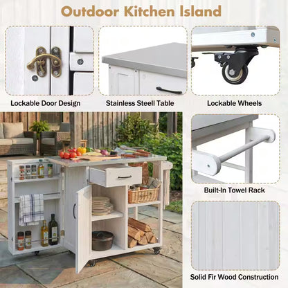 40.5-Inch Outdoor Kitchen Island Prep Station with Lockable Grill Cart, Stainless Steel Surface, and Storage Racks in White Finish