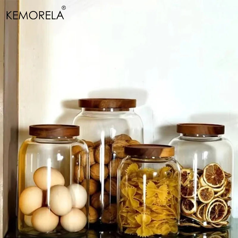 Coffee Bean Glass Storage Jar with Wooden Lid - Large Capacity Sealed Organizer for Kitchen Containers
