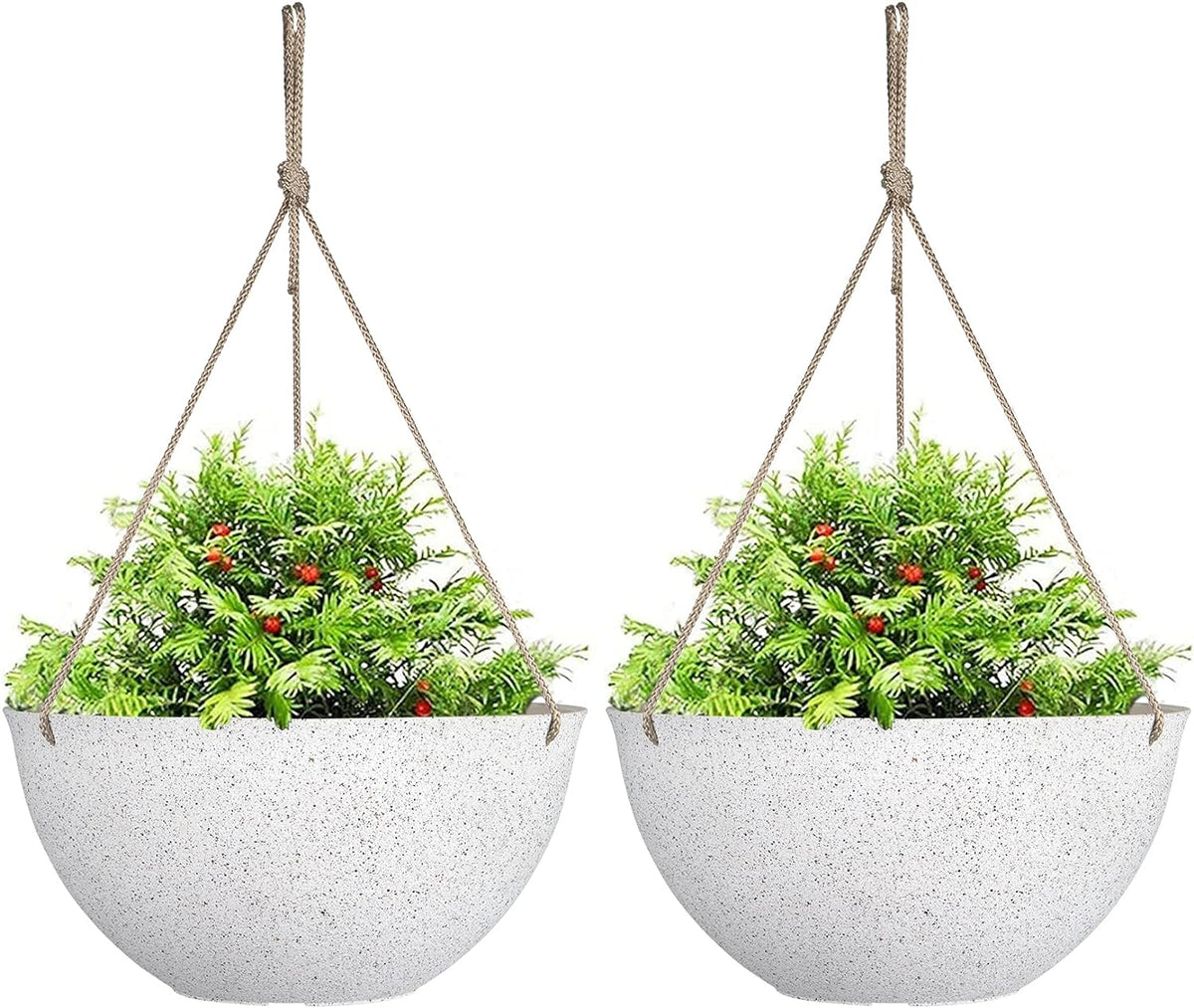 Set of 2 Large 13-Inch White Outdoor Hanging Planters with Drainage Holes for Windows, Porches, Balconies, Gardens, and Patios