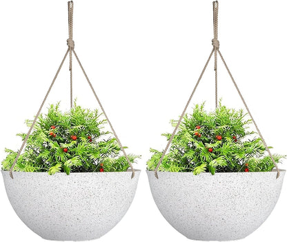 Set of 2 Large 13-Inch White Outdoor Hanging Planters with Drainage Holes for Windows, Porches, Balconies, Gardens, and Patios