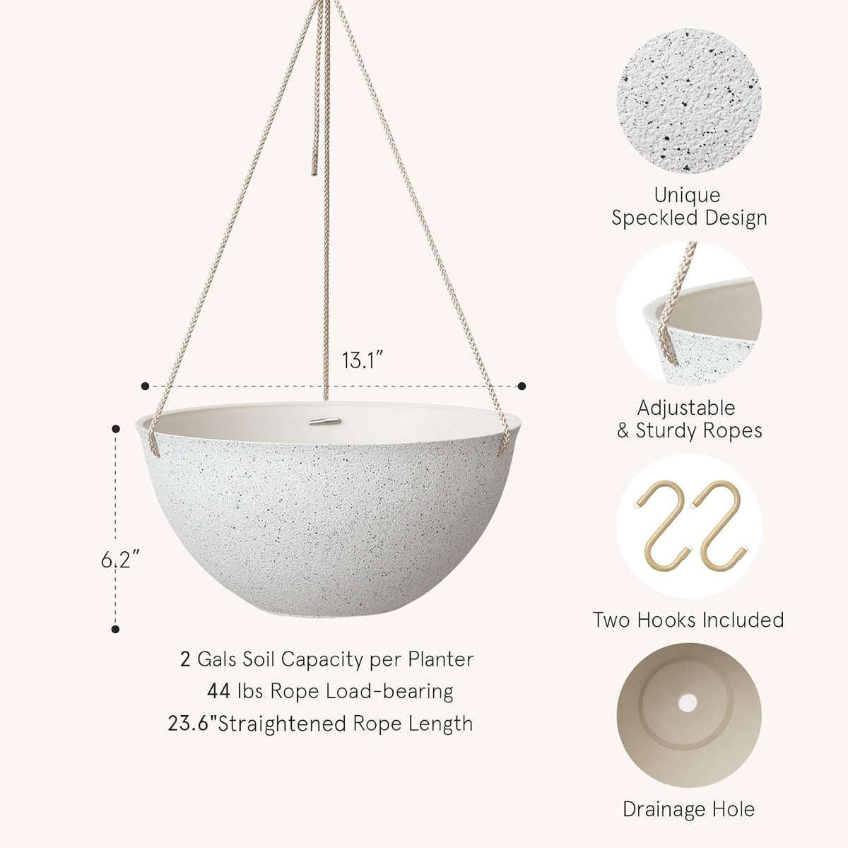 Set of 2 Large 13-Inch White Outdoor Hanging Planters with Drainage Holes for Windows, Porches, Balconies, Gardens, and Patios