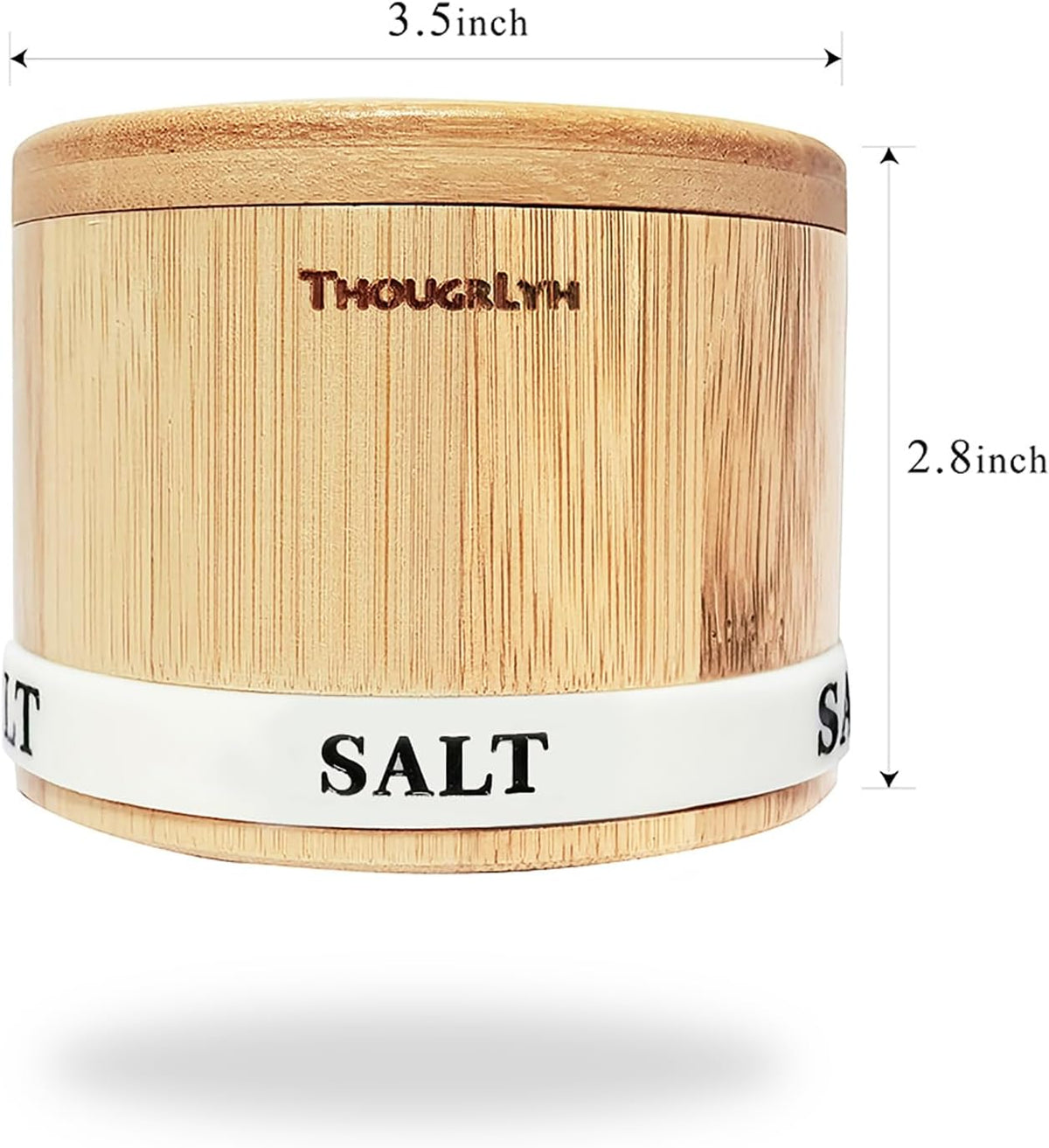 Bamboo Wood Salt Cellar with Magnetic Swivel Lid and Engraved Label | 8oz Kitchen Container for Sea Salt, Pepper, and Spices with Built-In Spoon