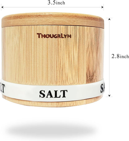 Bamboo Wood Salt Cellar with Magnetic Swivel Lid and Engraved Label | 8oz Kitchen Container for Sea Salt, Pepper, and Spices with Built-In Spoon