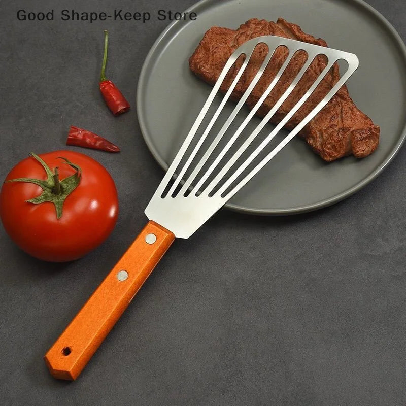 Stainless Steel Fish Frying Spatula with Wooden Handle - High-Temperature Fan-Shaped Cooking Tool