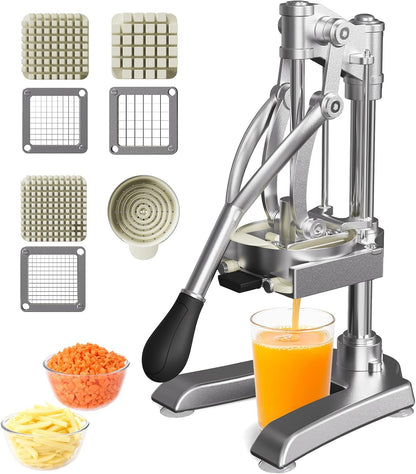 2-In-1 Commercial Manual Juicer & French Fry Cutter, Heavy Duty Cast Aluminum Citrus Press and Vegetable Chopper with 1/4", 3/8" & 1/2" Stainless Steel Blades for Potato, Orange & Lemon