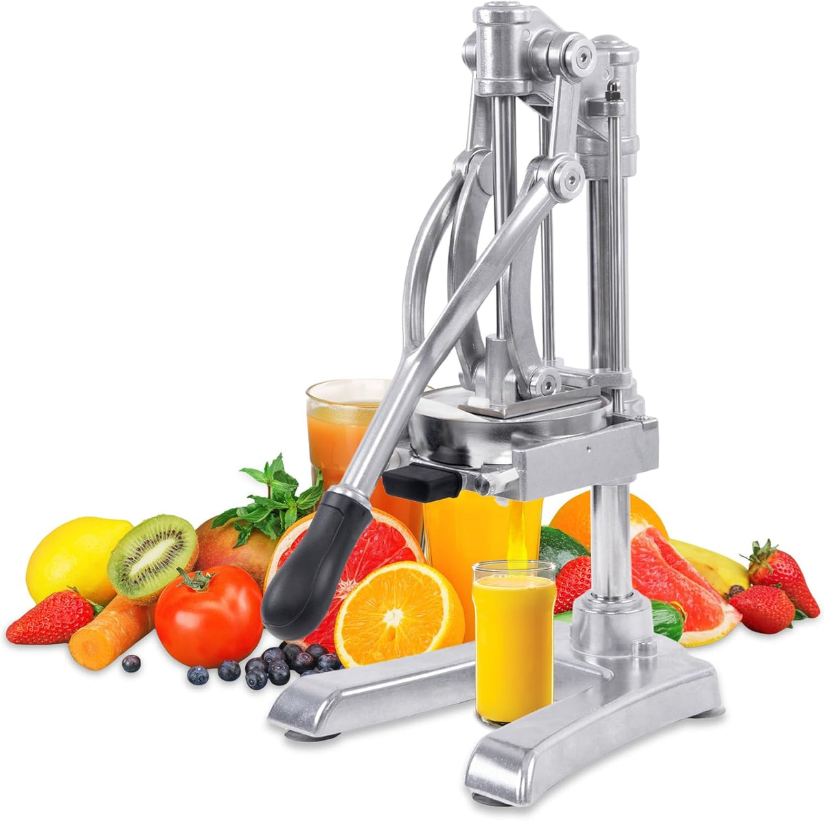 2-In-1 Commercial Manual Juicer & French Fry Cutter, Heavy Duty Cast Aluminum Citrus Press and Vegetable Chopper with 1/4", 3/8" & 1/2" Stainless Steel Blades for Potato, Orange & Lemon