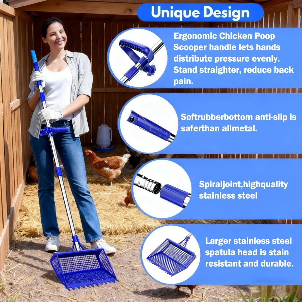 2-In-1 Chicken Waste Scooper and Rake with 304 Stainless Steel Shovel Head