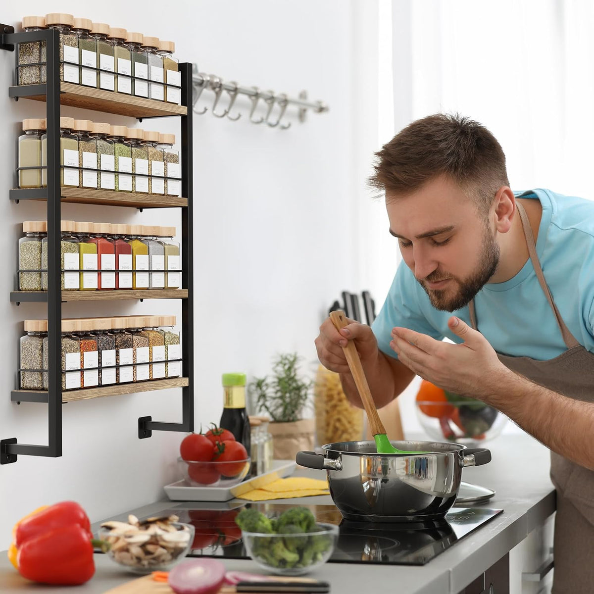 Wall-Mounted Spice Rack Organizer - Contemporary Hanging Shelf for Up to 56 Jars - Optimal Kitchen Seasoning Solution