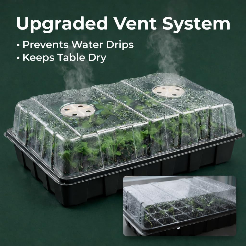 5-Piece Seed Starter Tray Kit with Humidity-Controlled Vented Domes and Bases for Indoor Gardening, Greenhouse Applications, and Seed Germination (200 Cells Total)