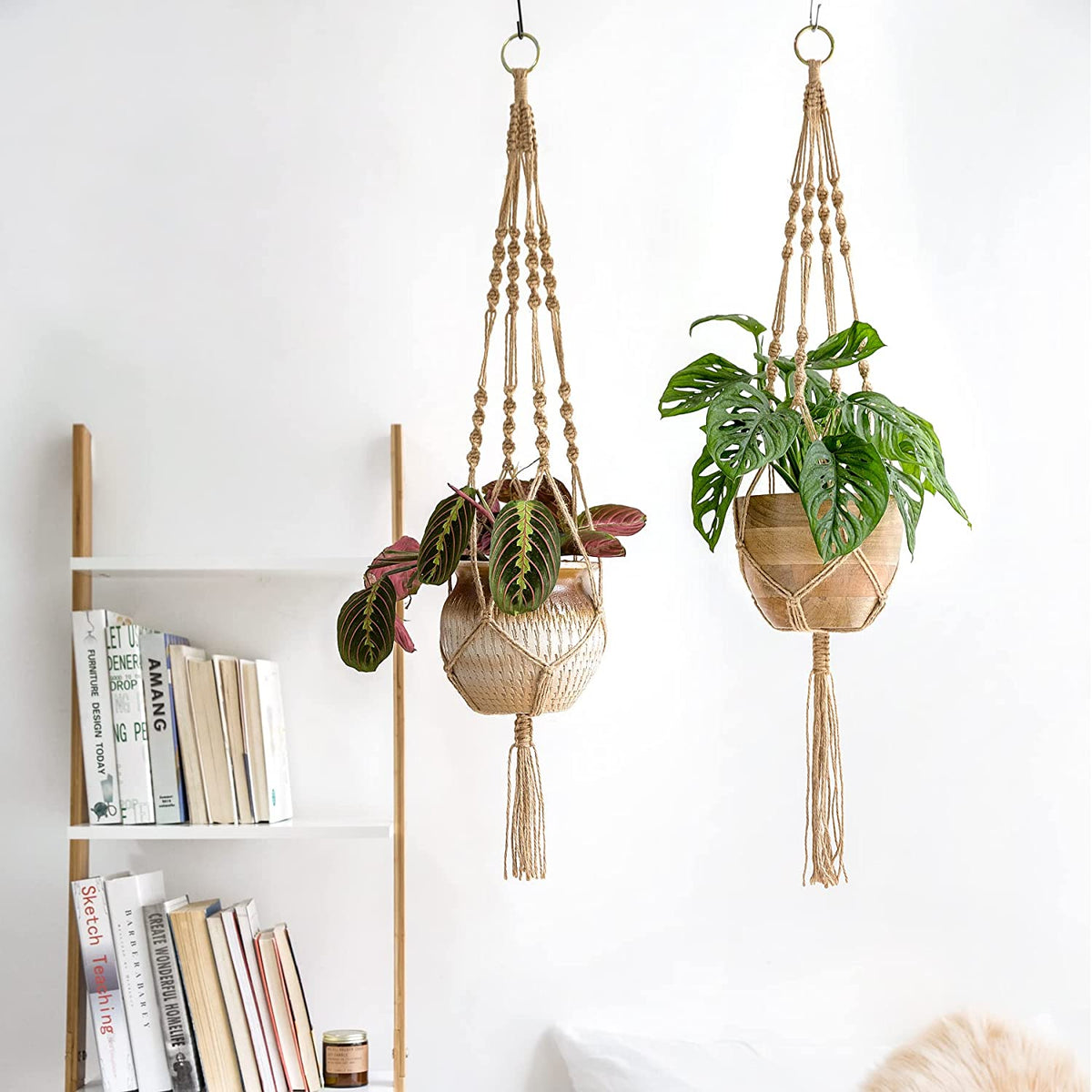 Set of 2 Decorative Jute Rope Macrame Plant Hangers - 40-Inch Indoor/Outdoor Planter Holders with Four Legs, Brown