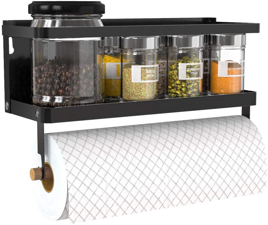 Magnetic Paper Towel Holder and 2-in-1 Spice Rack with Hooks, Wall-Mounted Shelf for Refrigerator (Black)