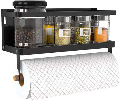 Magnetic Paper Towel Holder and 2-in-1 Spice Rack with Hooks, Wall-Mounted Shelf for Refrigerator (Black)