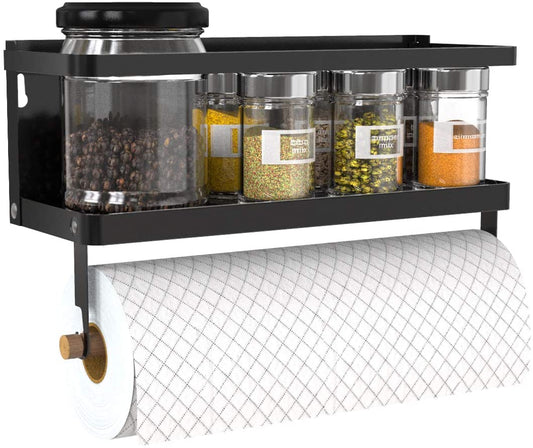 Magnetic Paper Towel Holder and 2-in-1 Spice Rack with Hooks, Wall-Mounted Shelf for Refrigerator (Black)