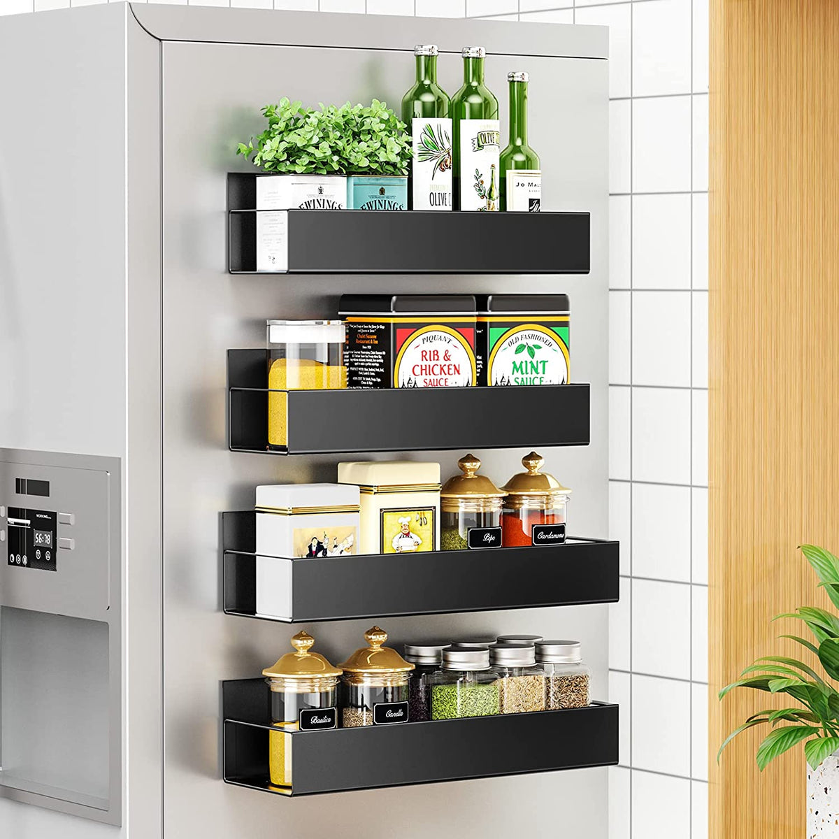 Adjustable Magnetic Spice Rack Set for Refrigerators - Black Metal (4 Pieces)
