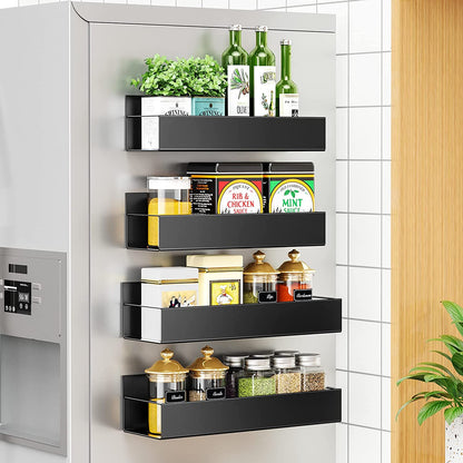 Adjustable Magnetic Spice Rack Set for Refrigerators - Black Metal (4 Pieces)