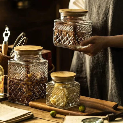 3-Piece Vintage Embossed Glass Canister Set with Bamboo Lids - 60 Oz, 40 Oz, and 20 Oz for Kitchen and Pantry Organization