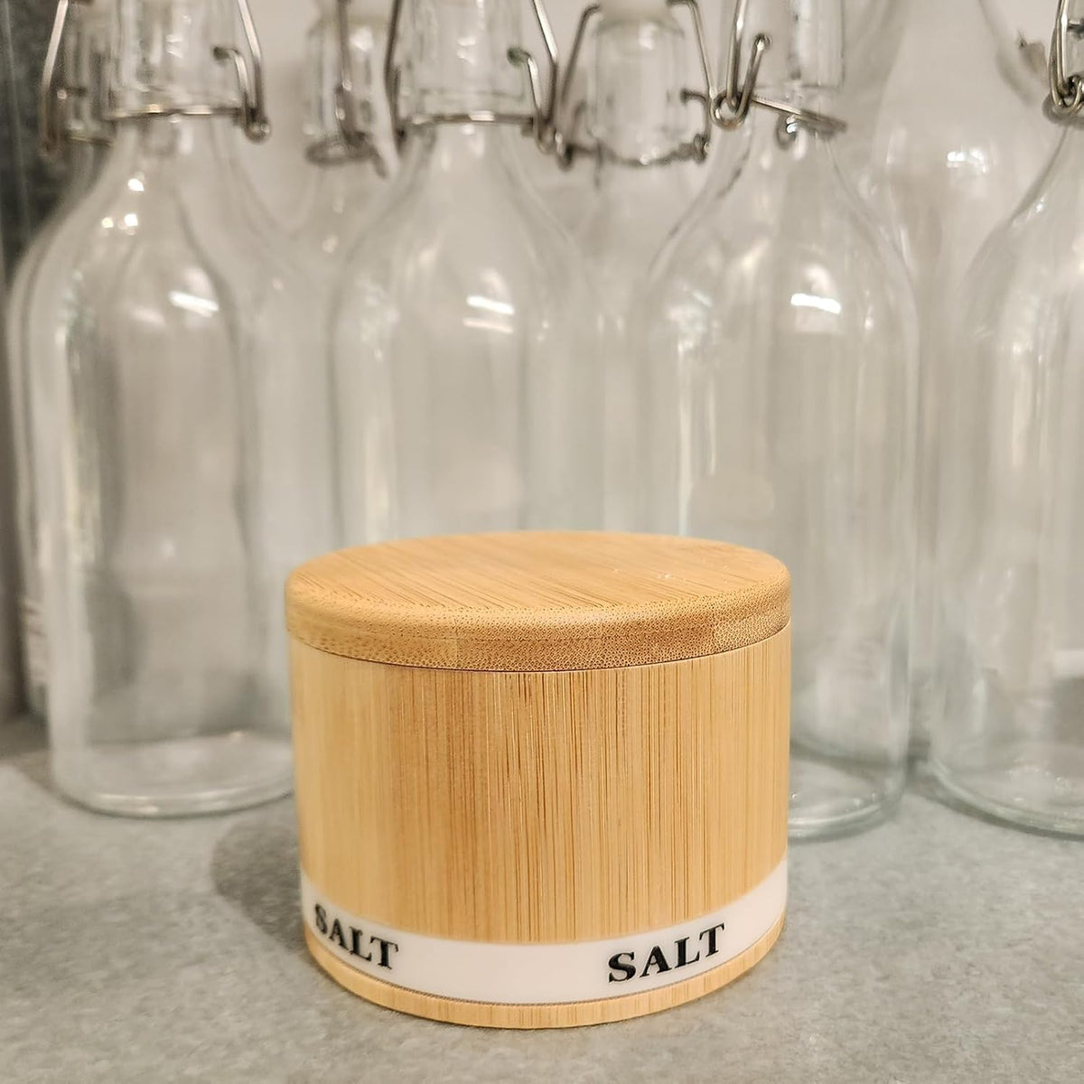 Bamboo Wood Salt Cellar with Magnetic Swivel Lid and Engraved Label | 8oz Kitchen Container for Sea Salt, Pepper, and Spices with Built-In Spoon